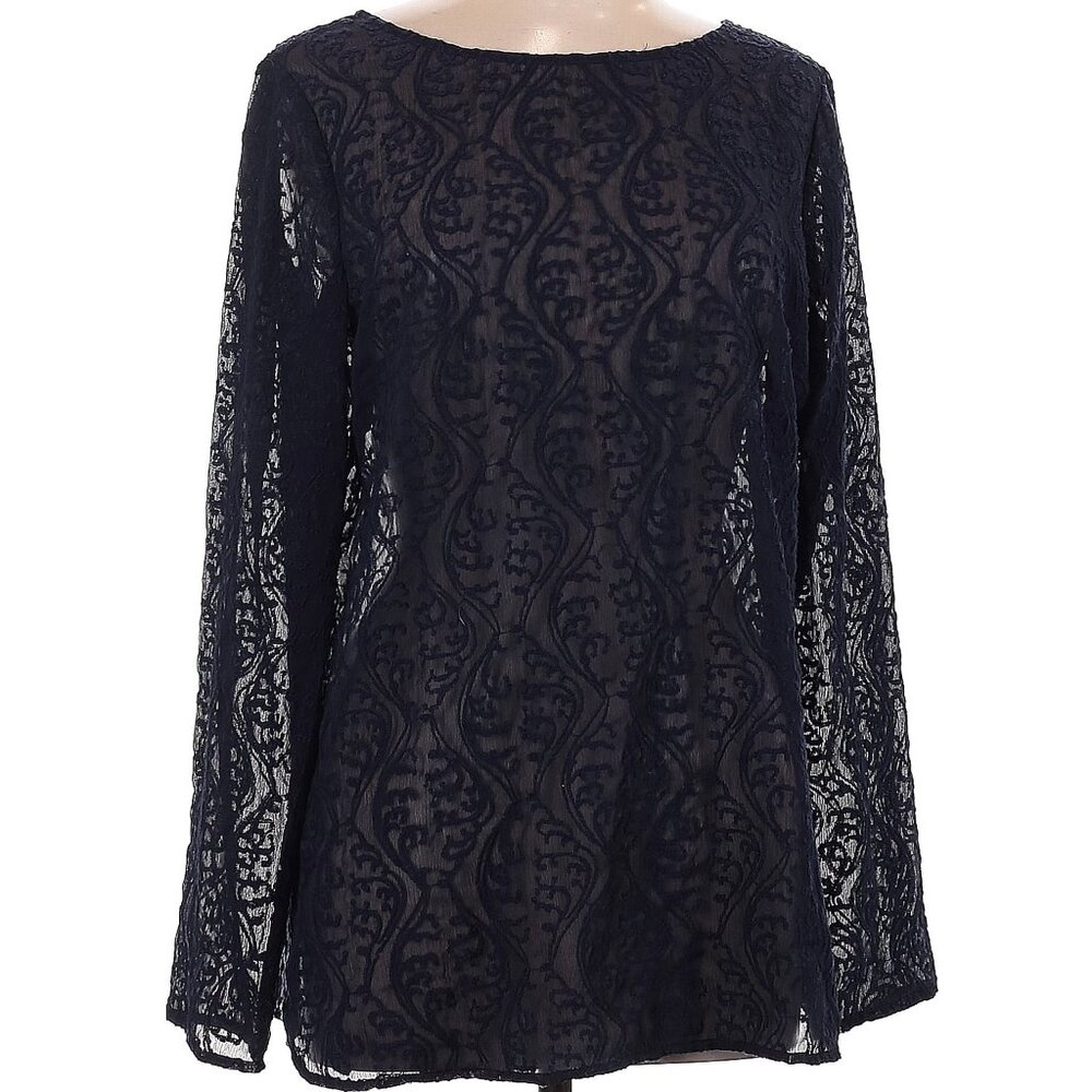 LOFT Ink Navy Blue Semi Sheer Boatneck Lace Blouse Size L